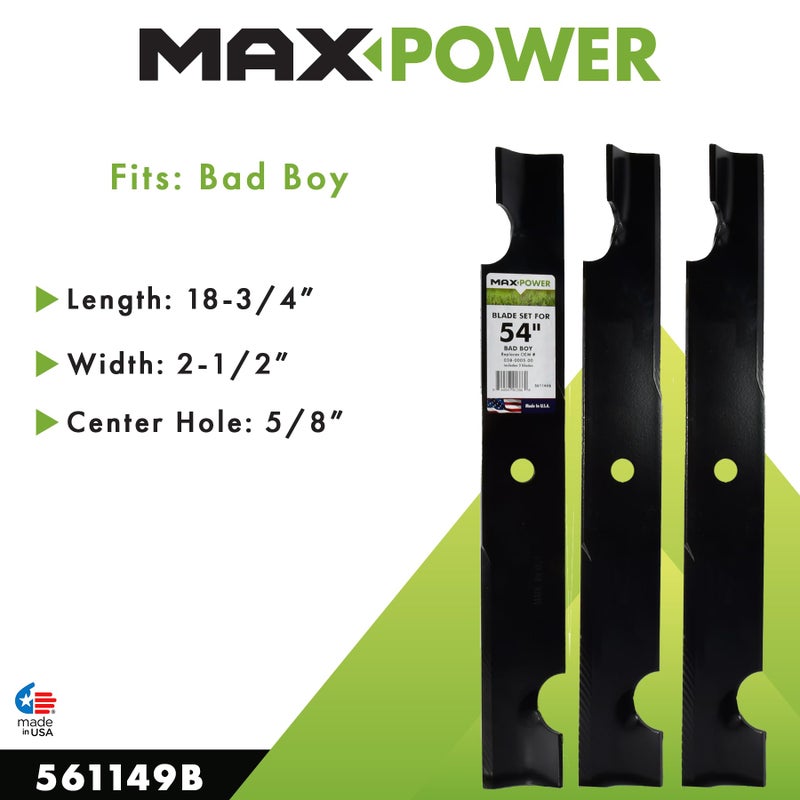 Maxpower مجموعة شفرات MaxPower 561149B 3 لقص 54" لجزازات Bad Boy، بديل رقم OEM 038-0005-00، أسود - Image 2